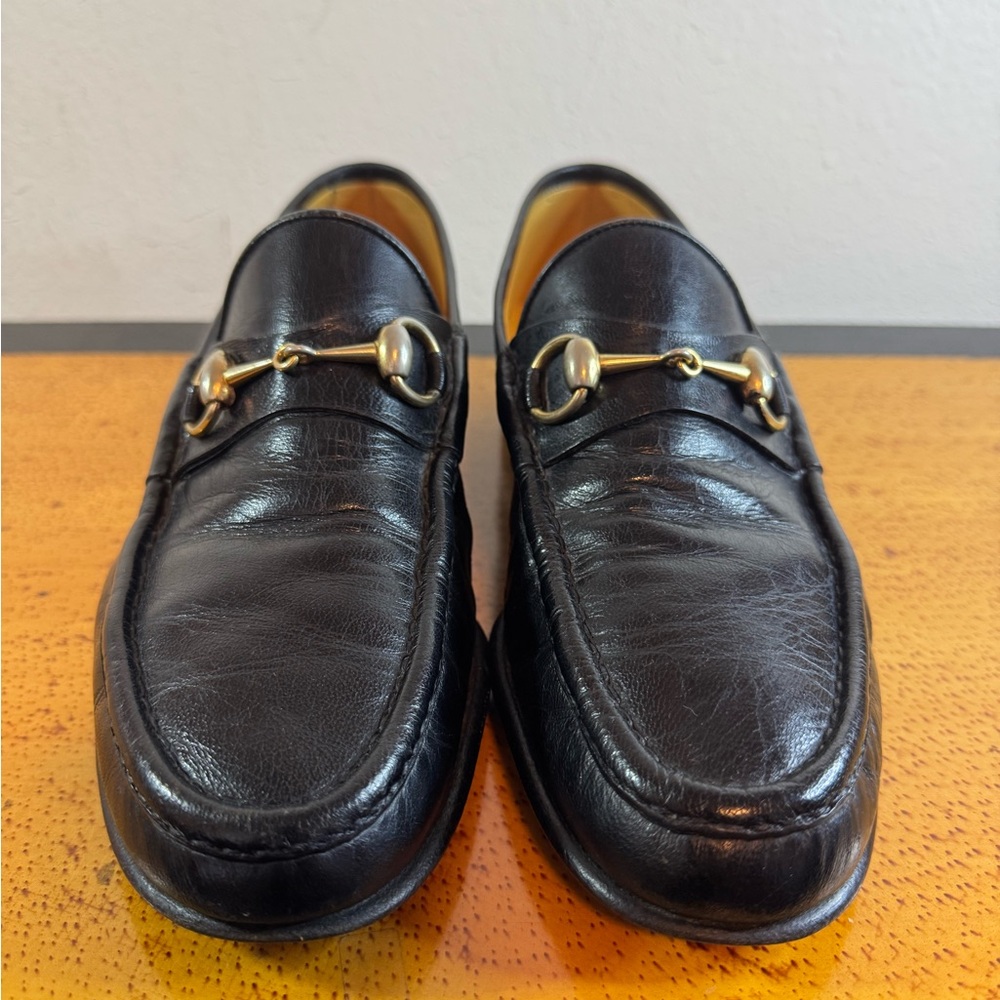 Vintage Gucci Black and Gold Horsebit Loafers
